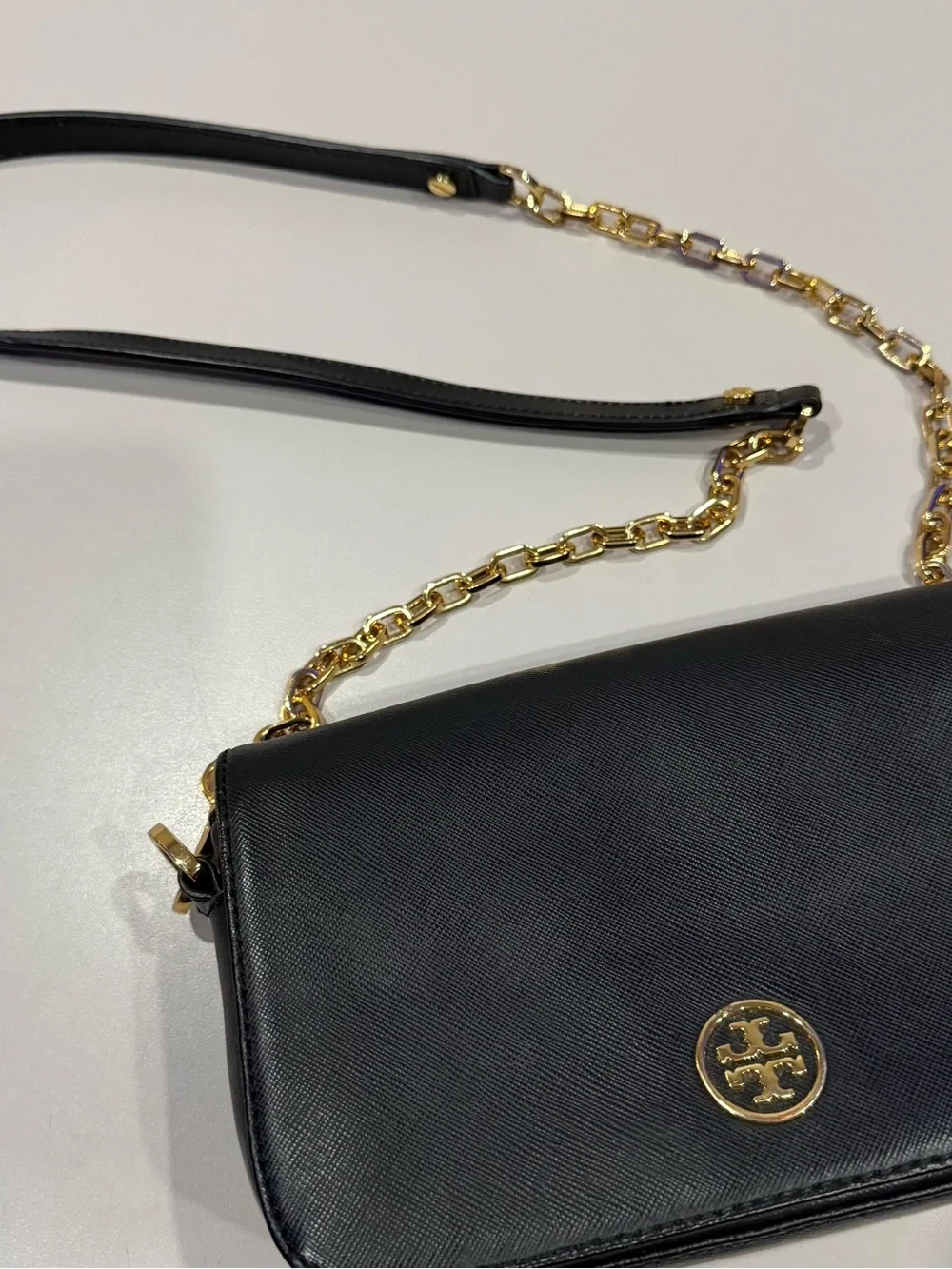 Tory Burch Robinson Mini Black Leather Bag with gold chain & hardware.